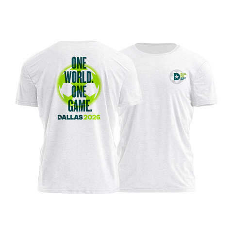 Ash t-shirt with 'One World. One Game. Dallas 2026' text and logo on back and D mark logo and "CAN-DO SPIRIT DAY" on left chest