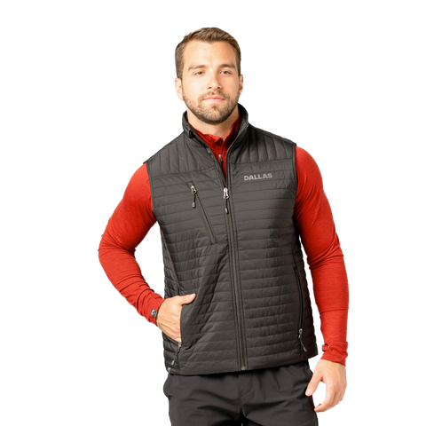 Man wearing a black vest with "DALLAS" on left chest over a red long-sleeve shirt on a white background