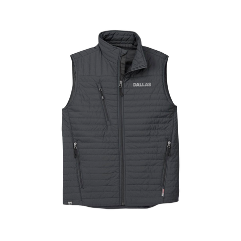 Black vest with 'Dallas' branding on a white background