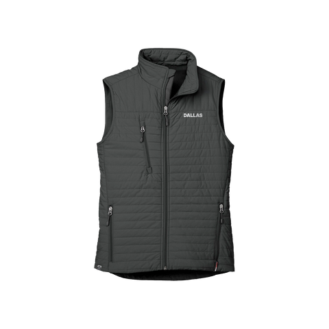Ladies black vest with 'Dallas' branding on a white background