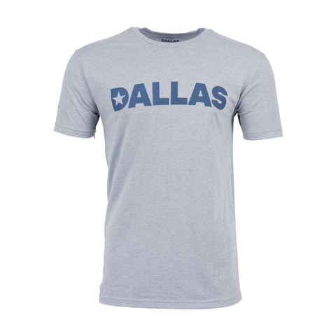 Dark Heather Grey Tee with dark blue "DALLAS" logo on chest