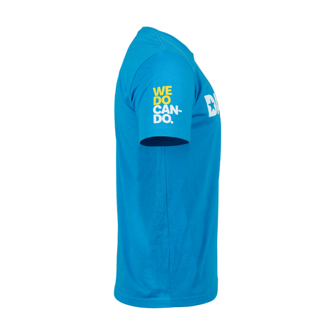 side view of turquoise tee with yellow and white text on right shoulder "WE DO CAN-DO."