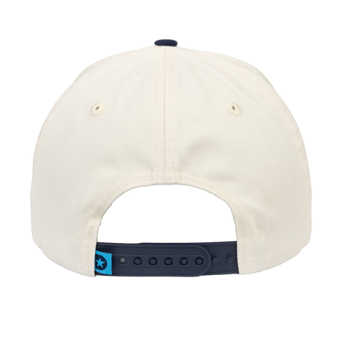 rear view of cream and navy hat showing adjustable strap and Star D label