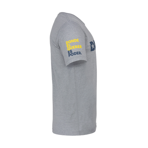 right sleeve of dark heather grey tee with Yellow and Navy text "DONDE EL QUERER ES PODER"