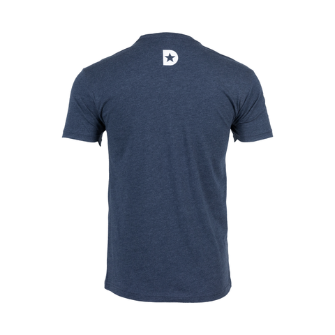 Rear view of Navy Tee with white "D" logo on upper back