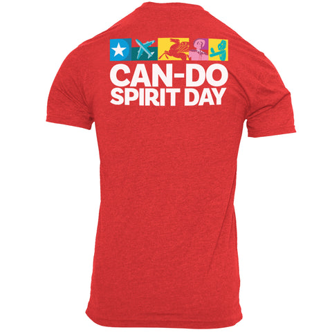 Rear view of red tee with white text "CAN-DO SPIRIT DAY"