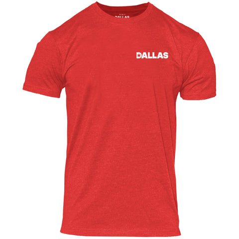 Red tee with white "DALLAS" text on left chest