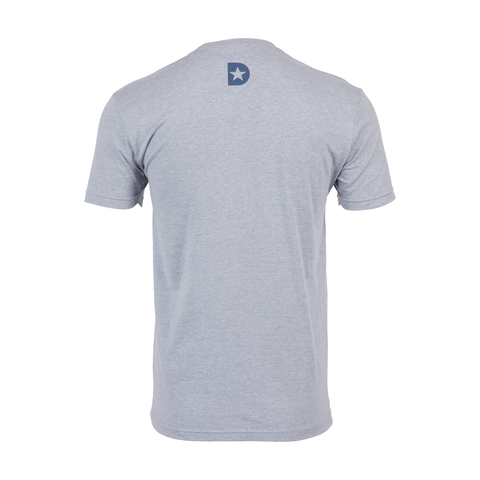 rear view of dark heather grey tee with dark blue "D" with star logo on upper back