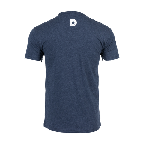 rear view of Navy tee with white "D" with star logo on upper back