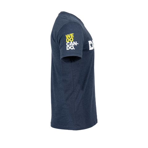 side view of navy tee with yellow and white text on right shoulder "WE DO CAN-DO."