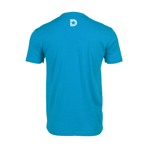 rear view of turquoise tee with white "D" with star logo on upper back
