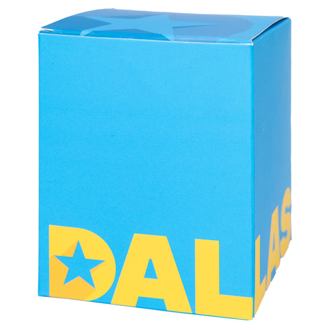 Blue box with yellow "DALLAS" text wrapping around
