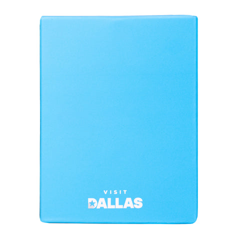 Blue box with white "VISIT DALLAS" text